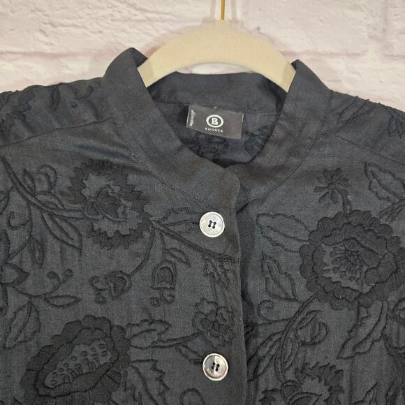 W Bogner Black Floral Embroidered Linen Button Down Top Women's Size 10 Artsy - Picture 2 of 10